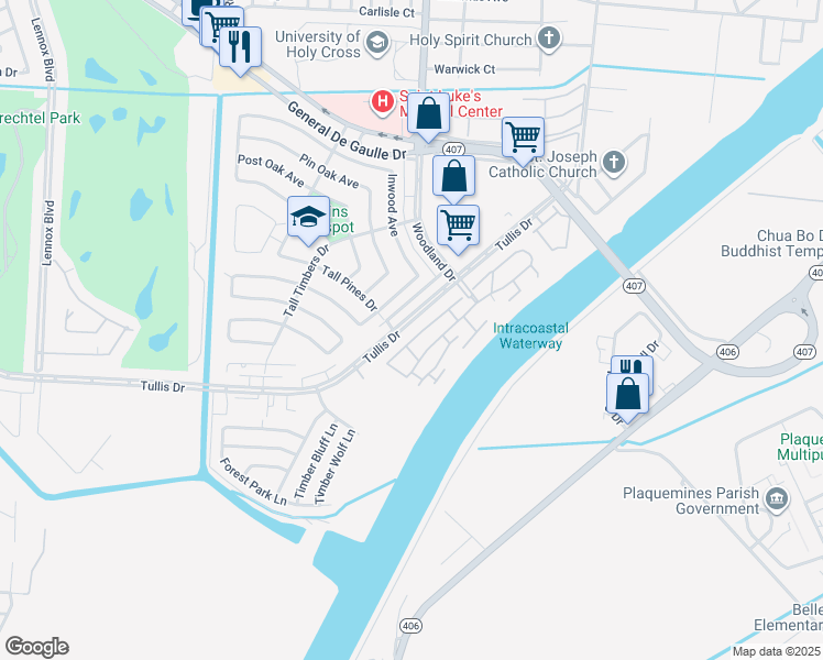 map of restaurants, bars, coffee shops, grocery stores, and more near 5699 Tullis Drive in New Orleans