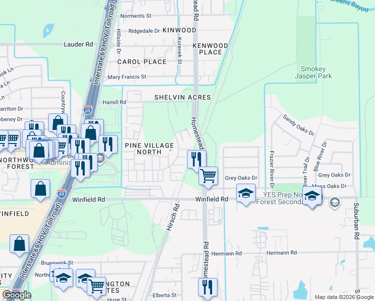 map of restaurants, bars, coffee shops, grocery stores, and more near 12310 Wild Pine Drive in Houston