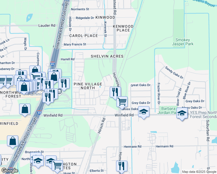 map of restaurants, bars, coffee shops, grocery stores, and more near 12310 Wild Pine Drive in Houston