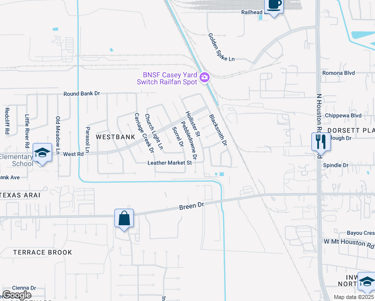 map of restaurants, bars, coffee shops, grocery stores, and more near 8335 Pebbledowne Drive in Houston