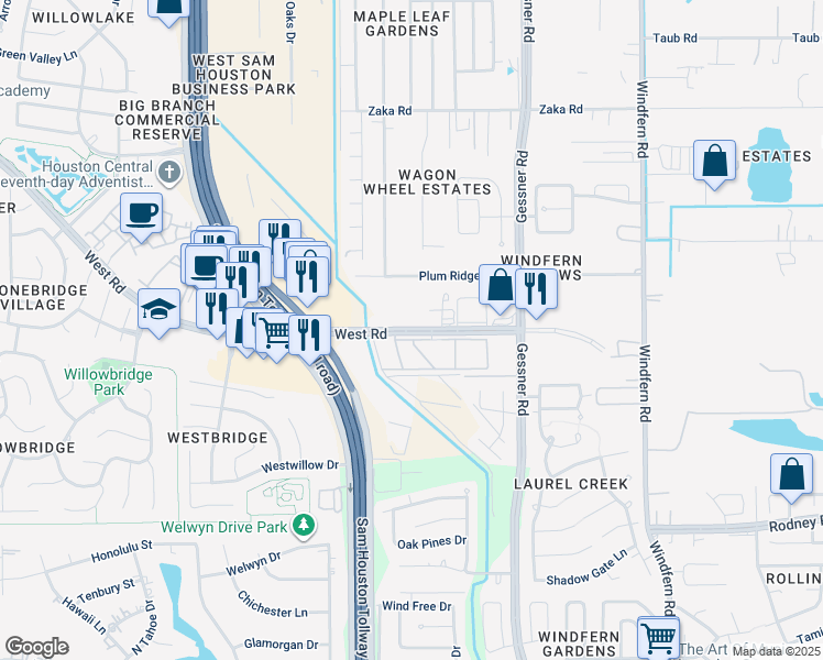 map of restaurants, bars, coffee shops, grocery stores, and more near 8914 West Road in Houston