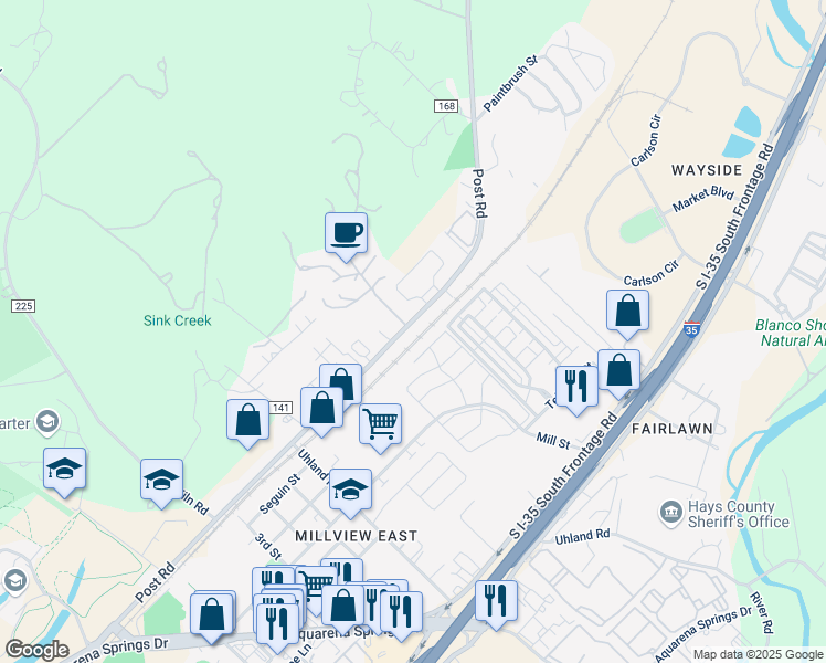 map of restaurants, bars, coffee shops, grocery stores, and more near 1701 Mill Street in San Marcos