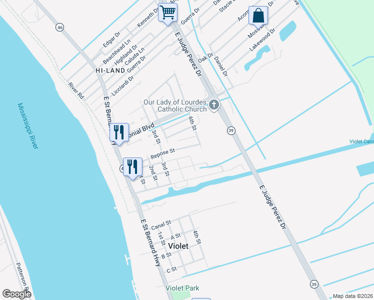 map of restaurants, bars, coffee shops, grocery stores, and more near 2501 Violet Street in Violet