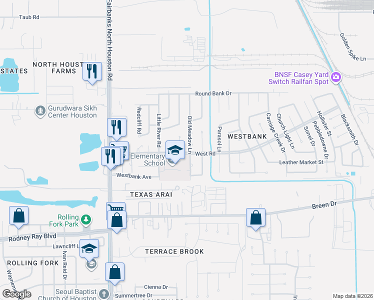 map of restaurants, bars, coffee shops, grocery stores, and more near 8403 Old Meadow Lane in Houston