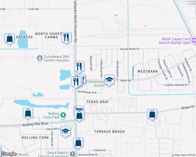 map of restaurants, bars, coffee shops, grocery stores, and more near 8402 Rivercross Road in Houston