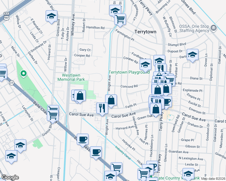 map of restaurants, bars, coffee shops, grocery stores, and more near 717 Wright Avenue in Terrytown