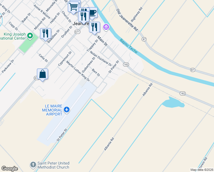 map of restaurants, bars, coffee shops, grocery stores, and more near 125 Fortier Circle in Jeanerette