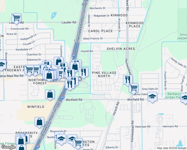 map of restaurants, bars, coffee shops, grocery stores, and more near 12239 West Village Drive in Houston