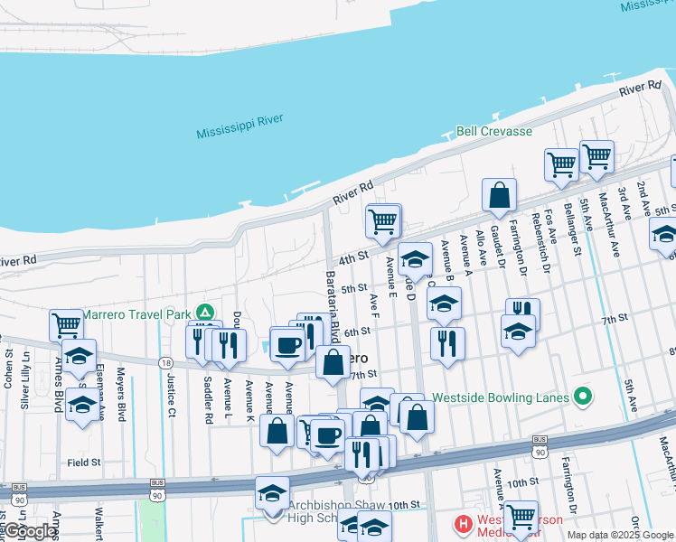 map of restaurants, bars, coffee shops, grocery stores, and more near 417 Barataria Boulevard in Marrero