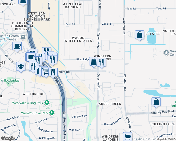 map of restaurants, bars, coffee shops, grocery stores, and more near 8790 West Road in Houston