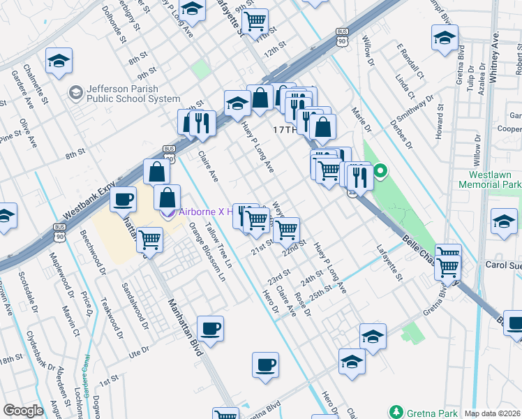 map of restaurants, bars, coffee shops, grocery stores, and more near 1924 Stafford Street in Gretna