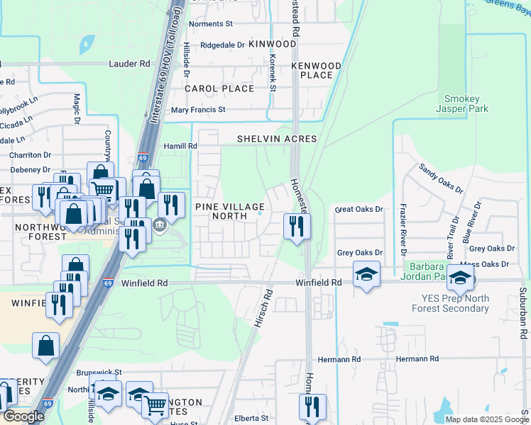 map of restaurants, bars, coffee shops, grocery stores, and more near 12301 Wild Pine Drive in Houston