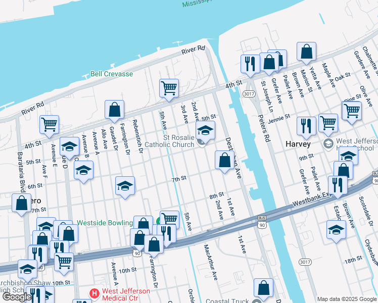 map of restaurants, bars, coffee shops, grocery stores, and more near 3400 6th Street in Harvey