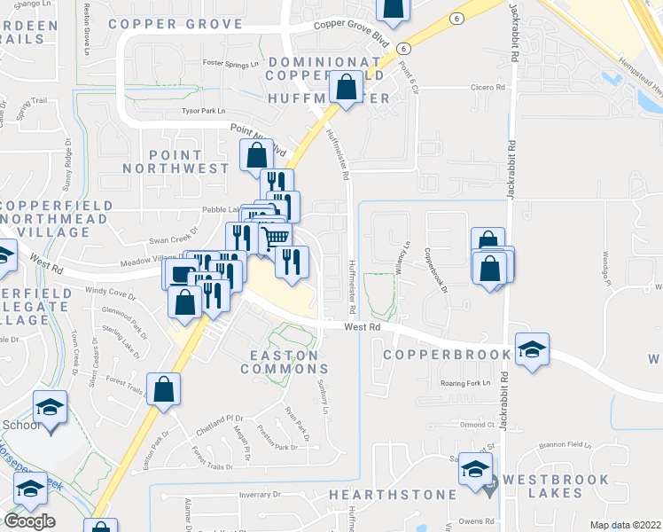 map of restaurants, bars, coffee shops, grocery stores, and more near 8550 Easton Commons Drive in Houston