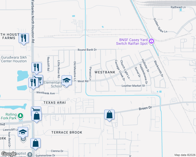 map of restaurants, bars, coffee shops, grocery stores, and more near 8335 Drum Roll Drive in Houston