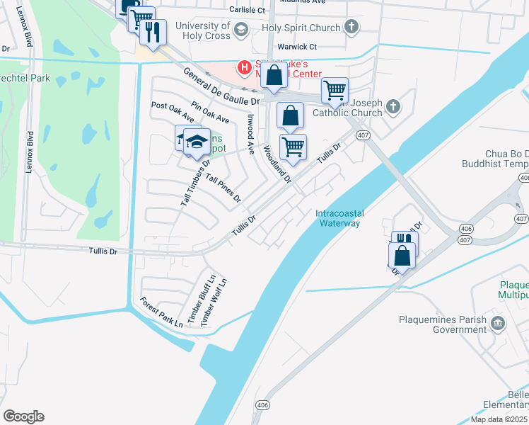 map of restaurants, bars, coffee shops, grocery stores, and more near 5699 Tullis Drive in New Orleans