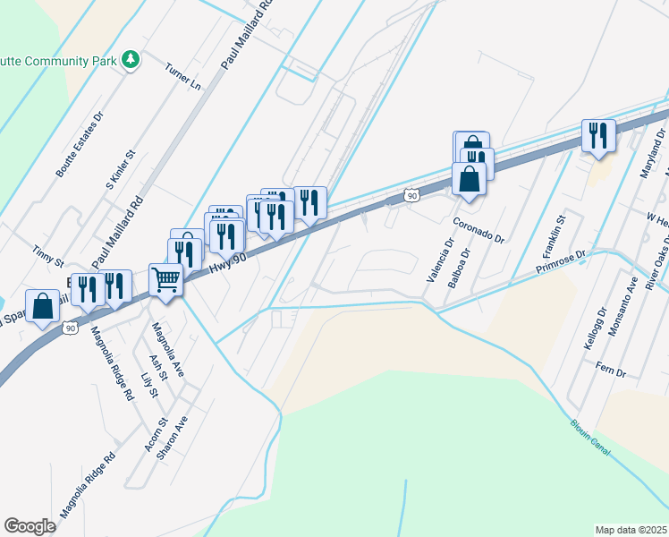 map of restaurants, bars, coffee shops, grocery stores, and more near 1250 Primrose Drive in Boutte