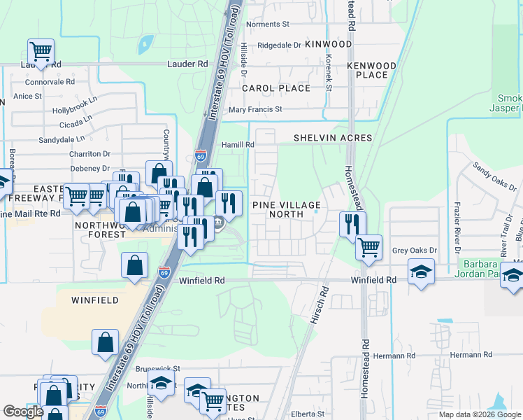map of restaurants, bars, coffee shops, grocery stores, and more near 12211 West Village Drive in Houston