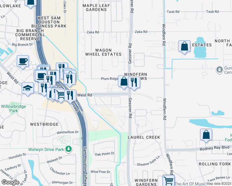 map of restaurants, bars, coffee shops, grocery stores, and more near 8989 West Road in Houston