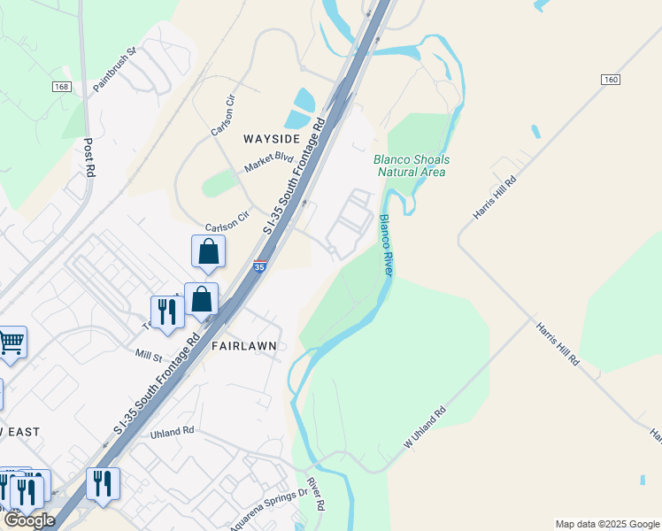 map of restaurants, bars, coffee shops, grocery stores, and more near 1150 River Ridge Parkway in San Marcos
