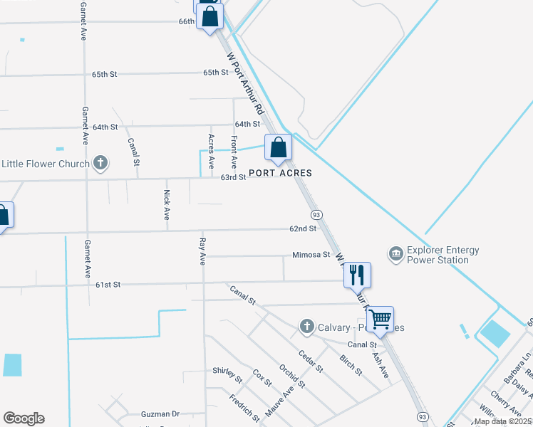 map of restaurants, bars, coffee shops, grocery stores, and more near 2257 62nd Street in Port Arthur