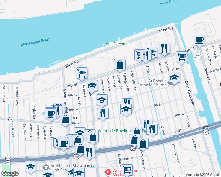 map of restaurants, bars, coffee shops, grocery stores, and more near 514 Avenue A in Marrero