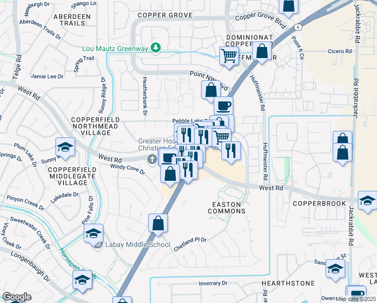 map of restaurants, bars, coffee shops, grocery stores, and more near 8538 Highway 6 North in Houston