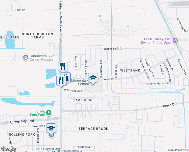 map of restaurants, bars, coffee shops, grocery stores, and more near 8403 Old Meadow Lane in Houston