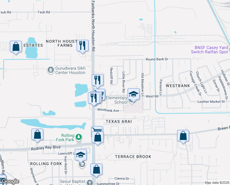 map of restaurants, bars, coffee shops, grocery stores, and more near 8402 Rivercross Road in Houston