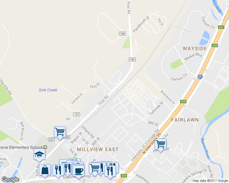 map of restaurants, bars, coffee shops, grocery stores, and more near 1701 Mill Street in San Marcos