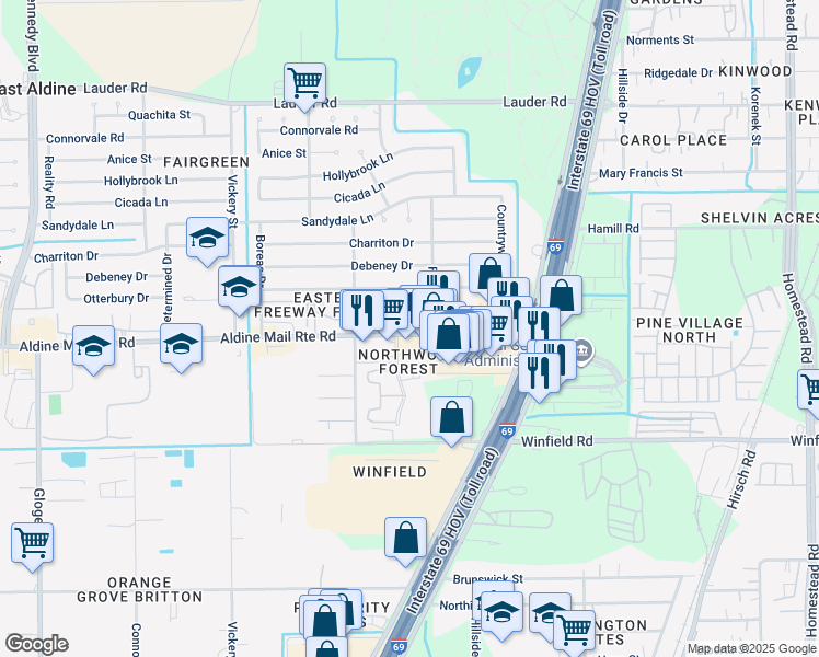 map of restaurants, bars, coffee shops, grocery stores, and more near 5005 Aldine Mail Route Road in Houston