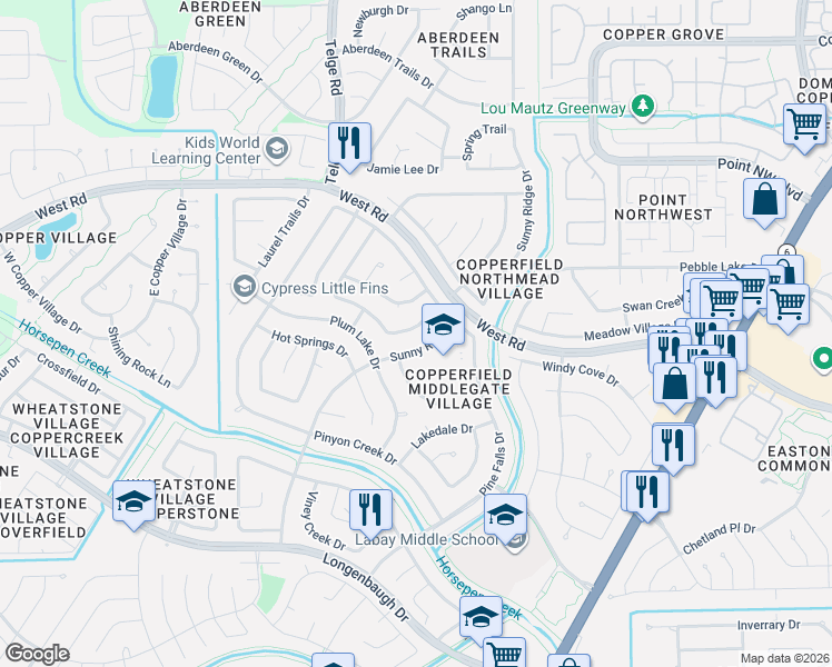 map of restaurants, bars, coffee shops, grocery stores, and more near 8415 Sunny Ridge Drive in Houston