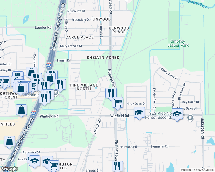 map of restaurants, bars, coffee shops, grocery stores, and more near 12330 Wild Pine Drive in Houston