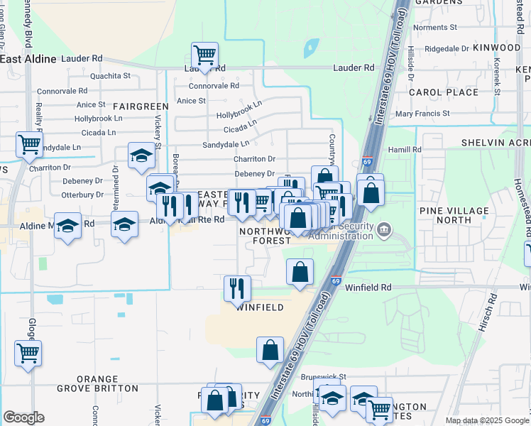 map of restaurants, bars, coffee shops, grocery stores, and more near 4930 Aldine Mail Route Road in Houston