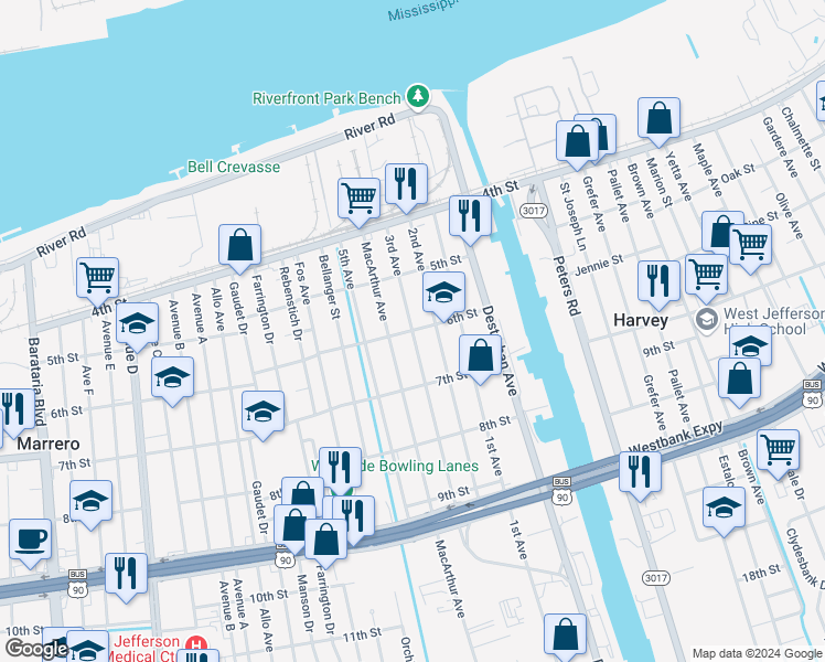 map of restaurants, bars, coffee shops, grocery stores, and more near 3400 6th Street in Harvey