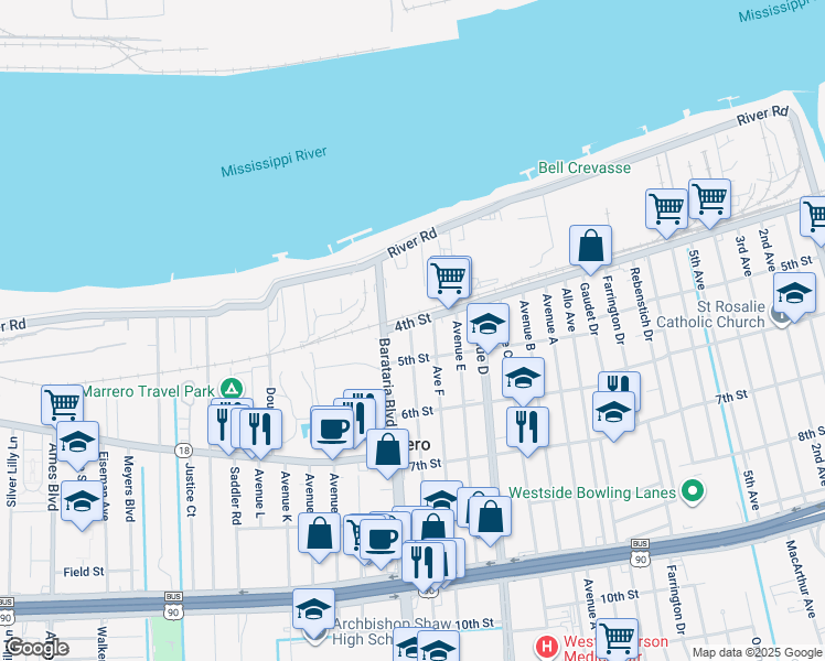 map of restaurants, bars, coffee shops, grocery stores, and more near 417 Barataria Boulevard in Marrero