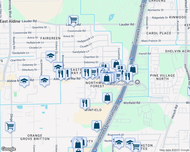 map of restaurants, bars, coffee shops, grocery stores, and more near 4930 Aldine Mail Route Road in Houston