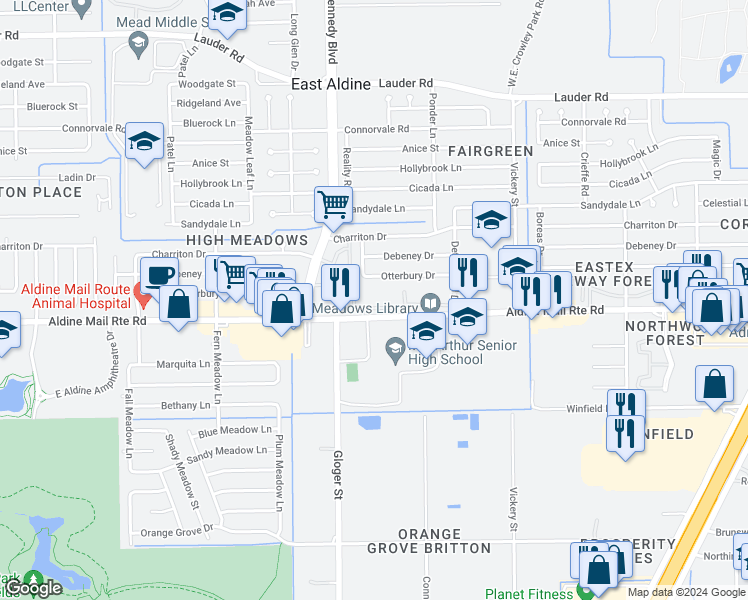 map of restaurants, bars, coffee shops, grocery stores, and more near 4335 Aldine Mail Route Road in Houston