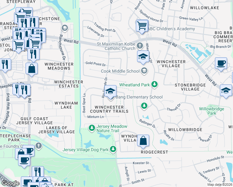 map of restaurants, bars, coffee shops, grocery stores, and more near 8900 Rio Grande Drive in Houston