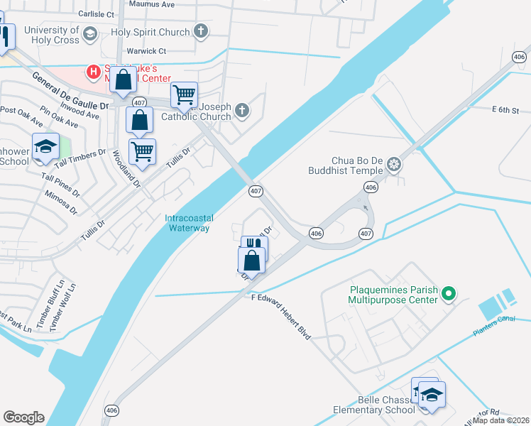 map of restaurants, bars, coffee shops, grocery stores, and more near 138 Keating Drive in Belle Chasse