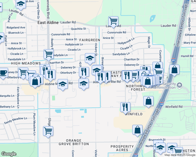 map of restaurants, bars, coffee shops, grocery stores, and more near 12330 Vickery Street in Houston