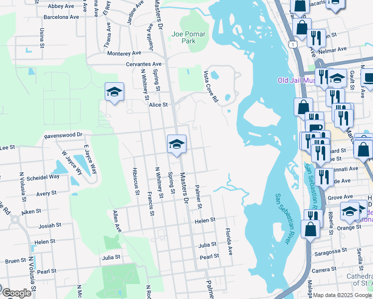 map of restaurants, bars, coffee shops, grocery stores, and more near 174 Palmer Street in St. Augustine