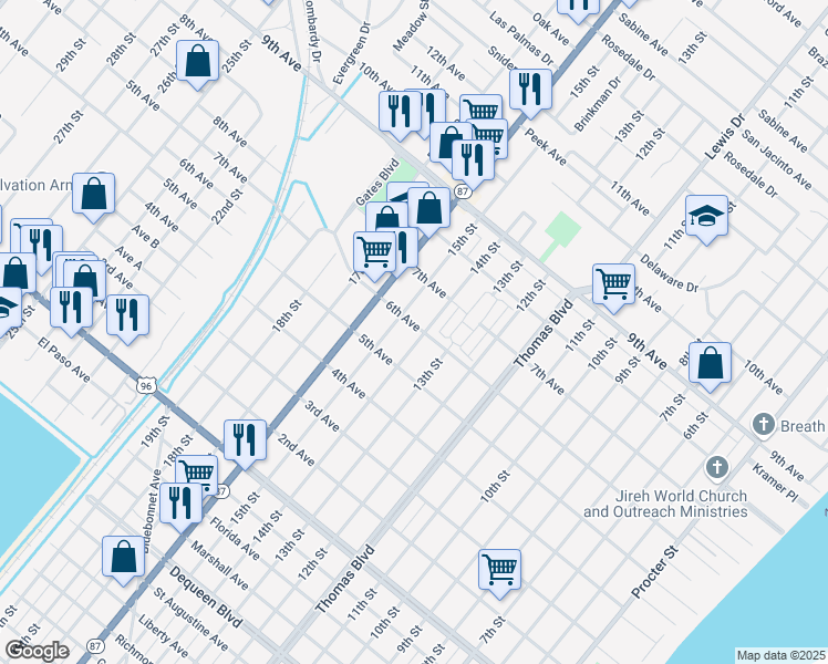 map of restaurants, bars, coffee shops, grocery stores, and more near 3400 15th Street in Port Arthur