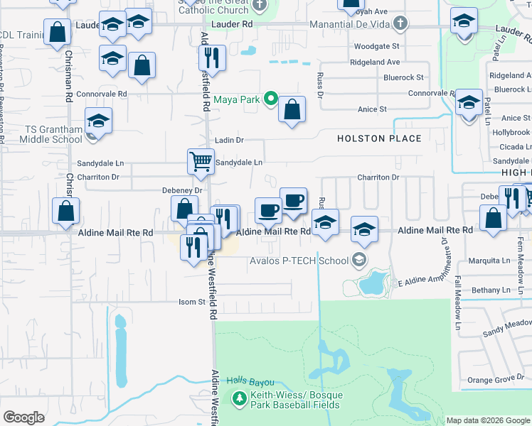 map of restaurants, bars, coffee shops, grocery stores, and more near 2121 Aldine Mail Route Road in Houston