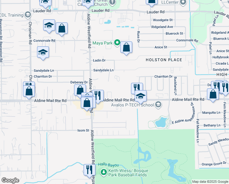 map of restaurants, bars, coffee shops, grocery stores, and more near 2121 Aldine Mail Route Road in Houston