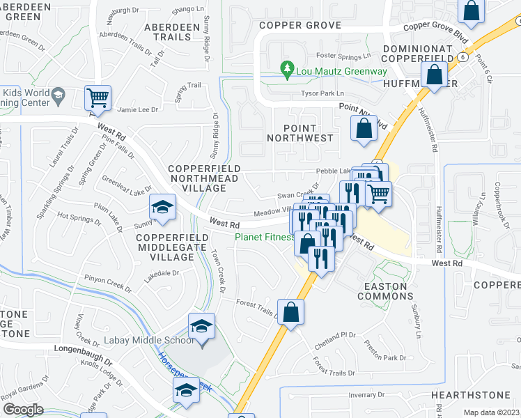 map of restaurants, bars, coffee shops, grocery stores, and more near 15506 Swan Creek Drive in Houston