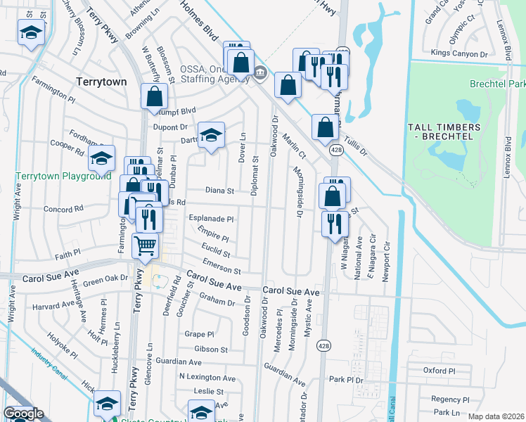 map of restaurants, bars, coffee shops, grocery stores, and more near 588 Oakwood Drive in Terrytown