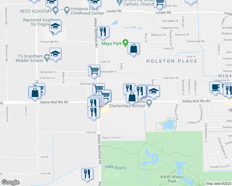 map of restaurants, bars, coffee shops, grocery stores, and more near 2121 Aldine Mail Route Road in Houston