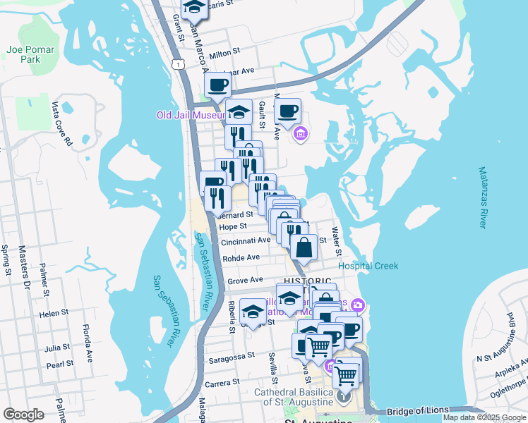 map of restaurants, bars, coffee shops, grocery stores, and more near 27 Ocean Ave in St Augustine