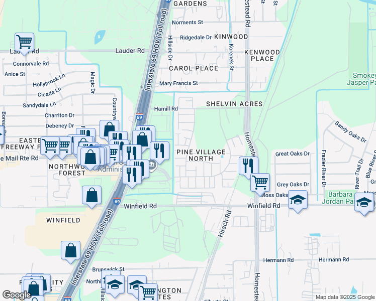 map of restaurants, bars, coffee shops, grocery stores, and more near 12311 West Village Drive in Houston